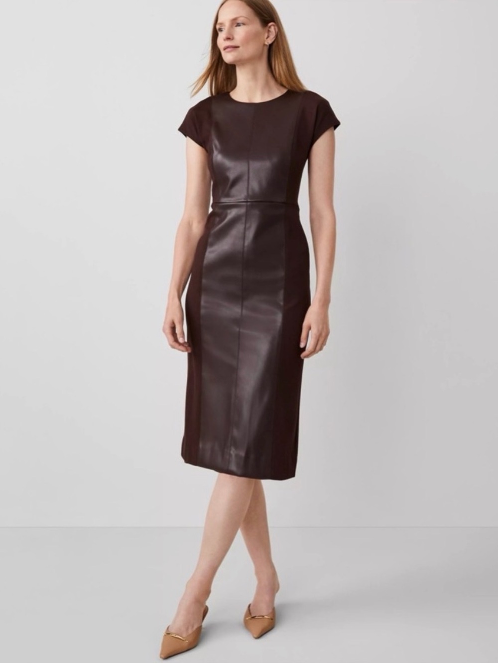 Ann Taylor Chocolate Brown Faux Leather Midi Dress